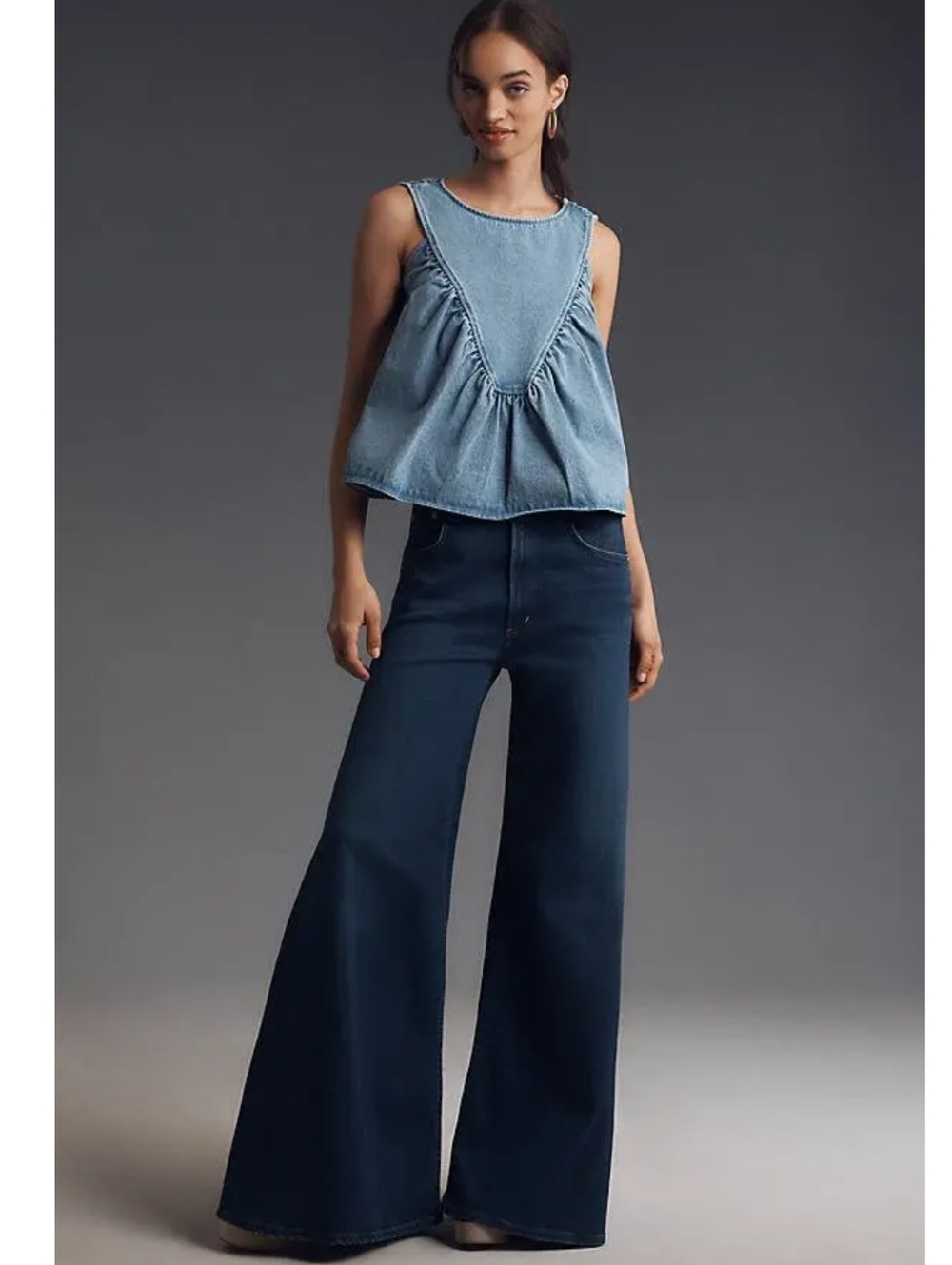 Mare Mare Light Wash Denim Shirred Sleeveless Top - Picture 3 of 10